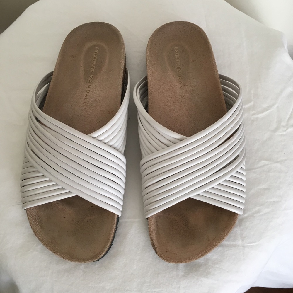 LOEFFLER RANDALL White Leather Cross Strap Flat.